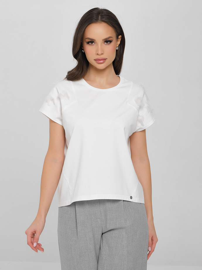 Футболка молочного цвета с декоративными цветами Priz(фото3)