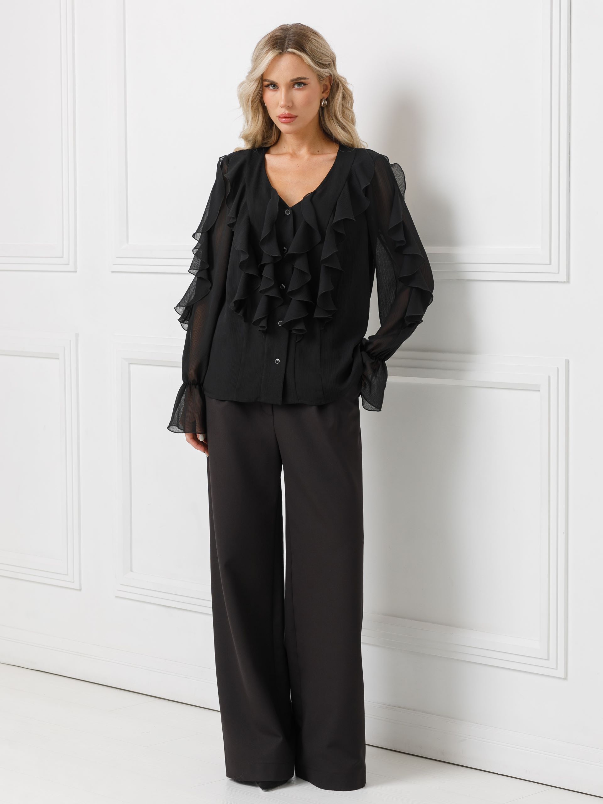 Блузка чёрная из шифона с эффектом креш Priz(фото2)