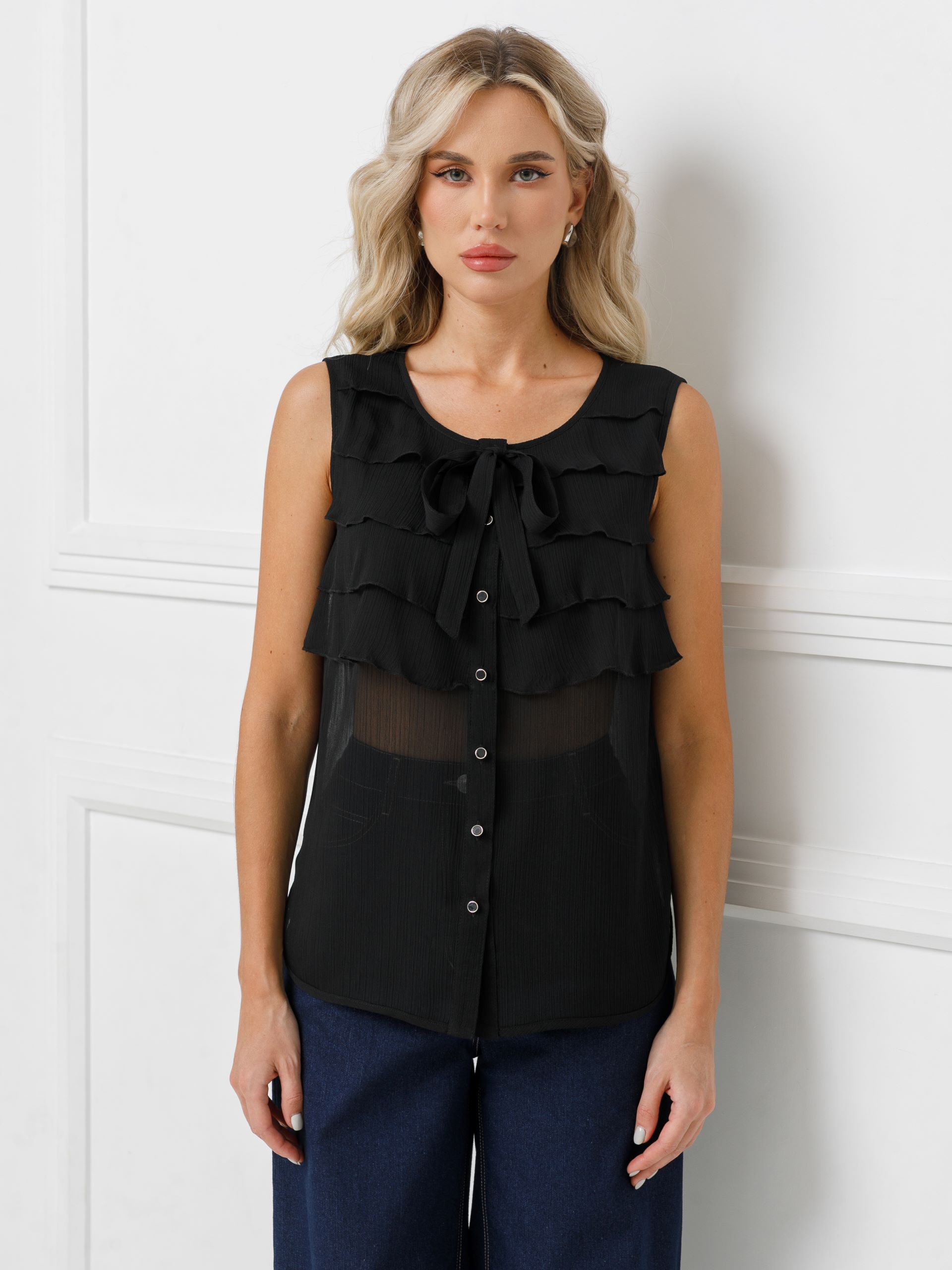Блузка чёрная с воланами и съёмным бантом Priz(фото3)