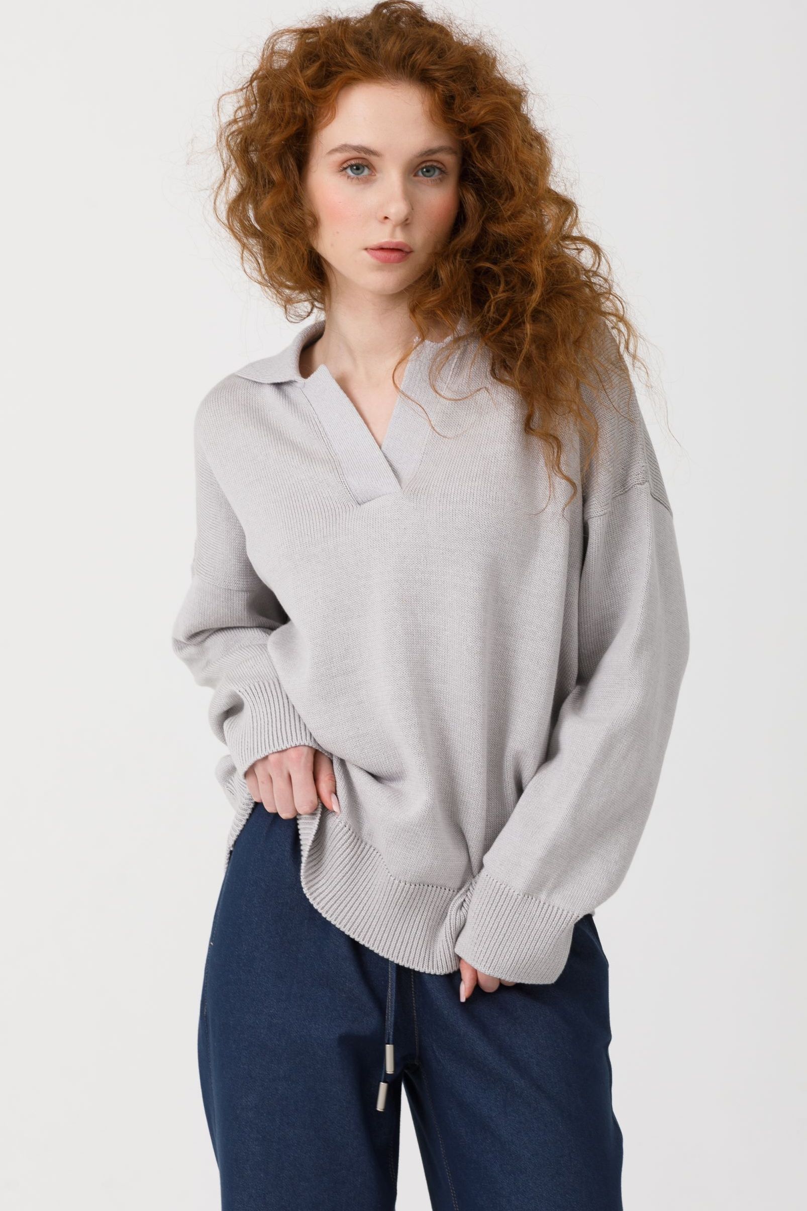 Джемпер-поло вязаный светло-серый Priz