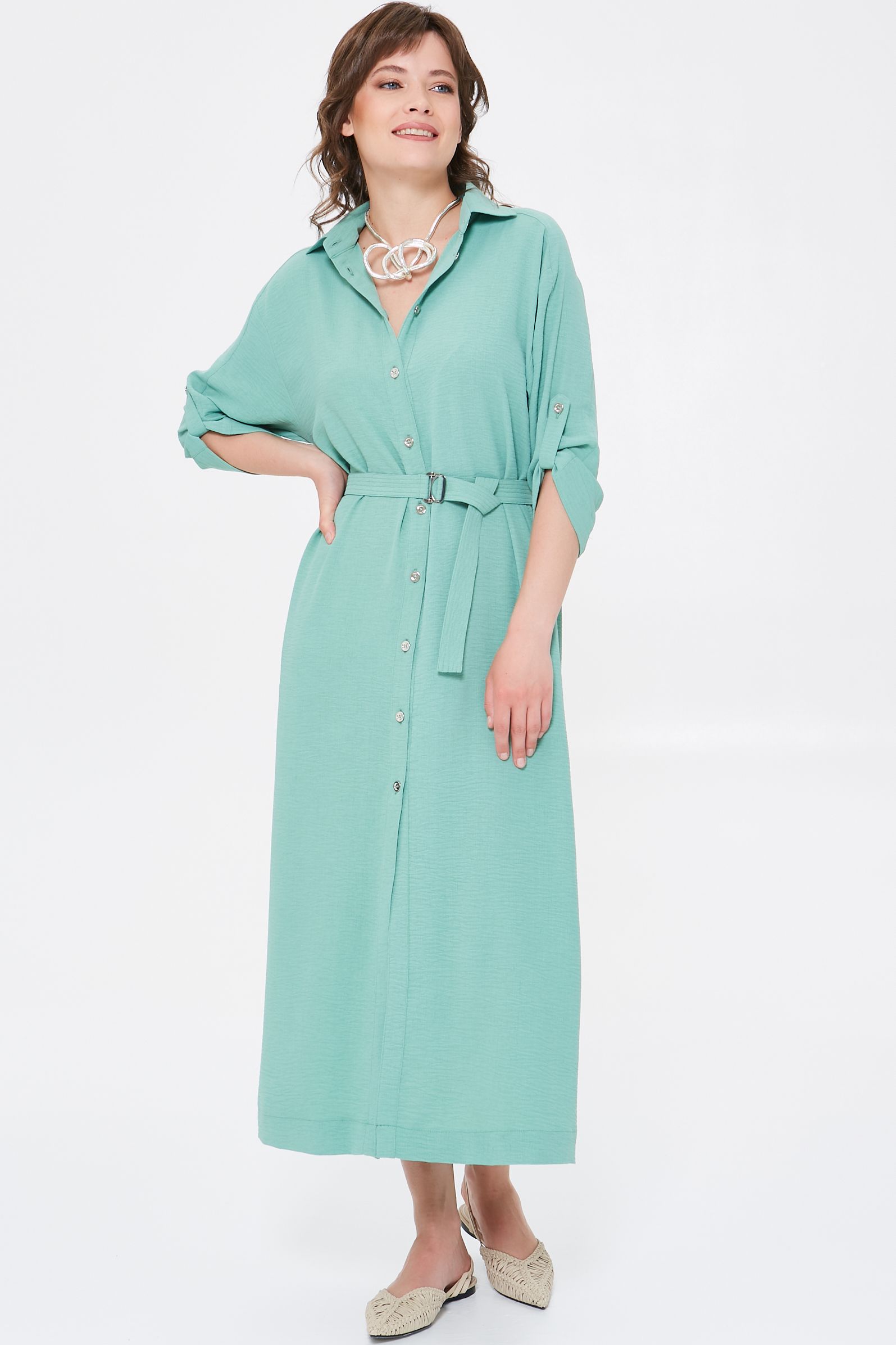 Платье А-образного силуэта пастельного зелёного цвета с поясом Priz