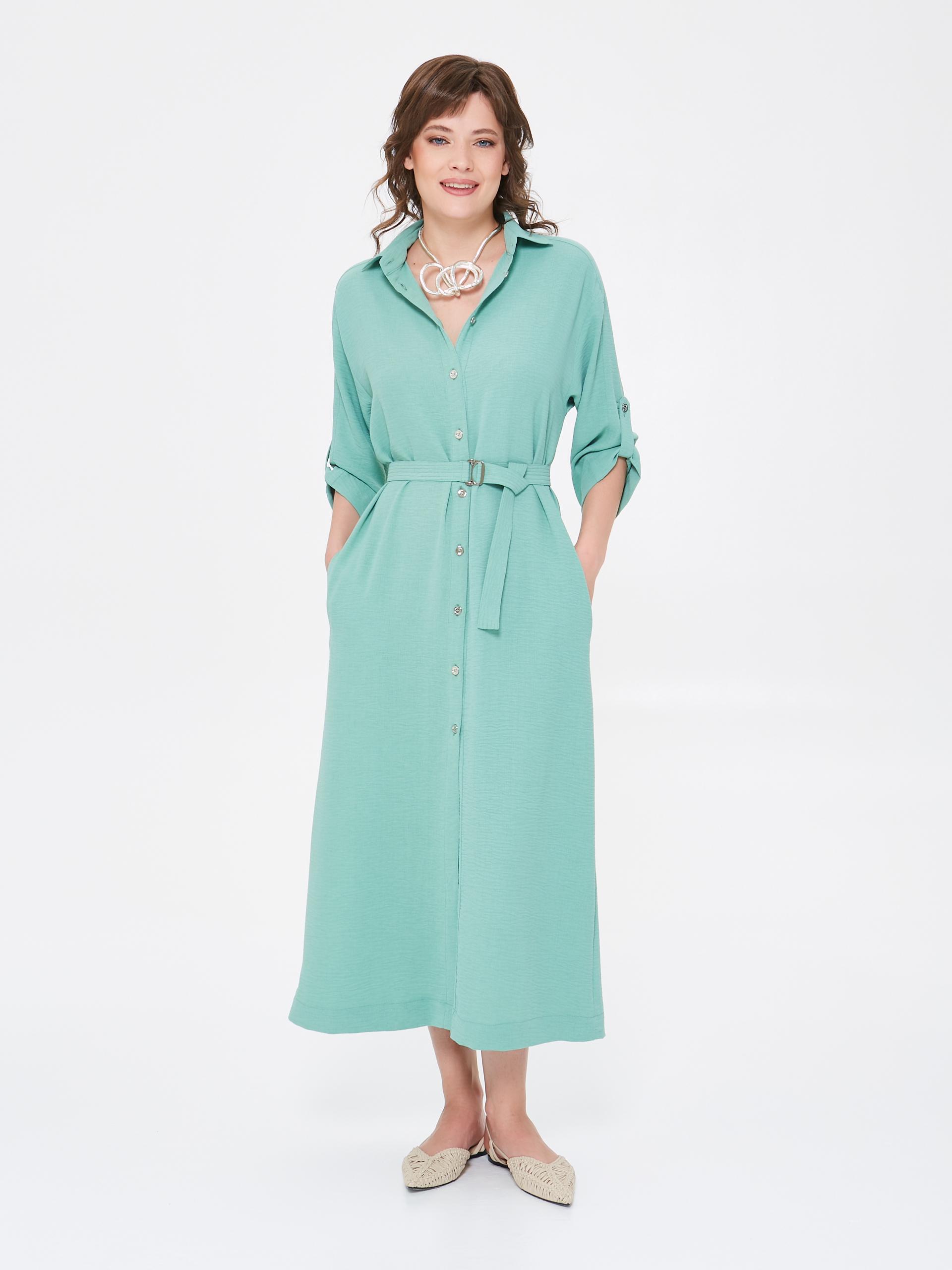 Платье А-образного силуэта пастельного зелёного цвета с поясом Priz(фото2)