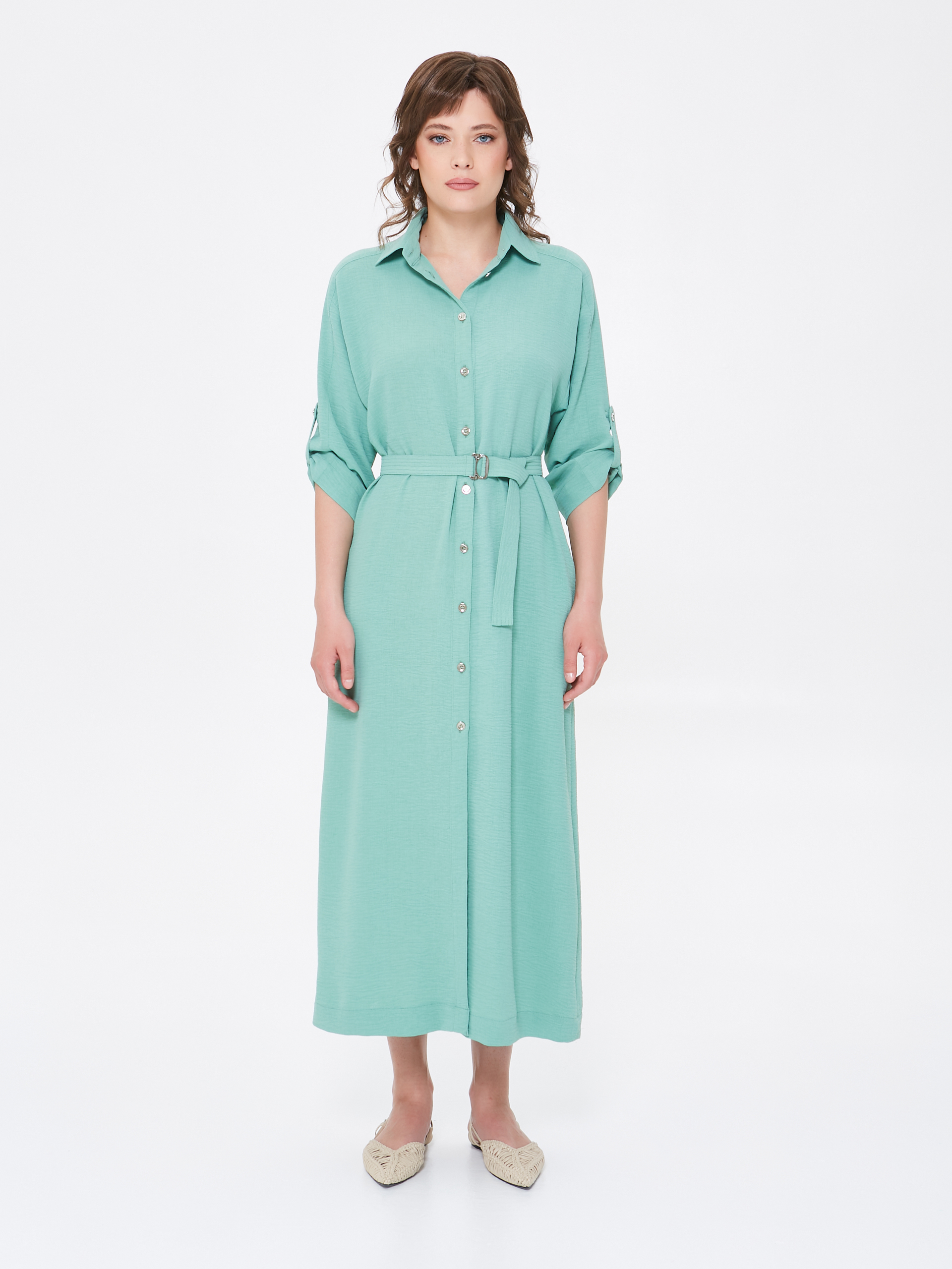 Платье А-образного силуэта пастельного зелёного цвета с поясом Priz(фото4)