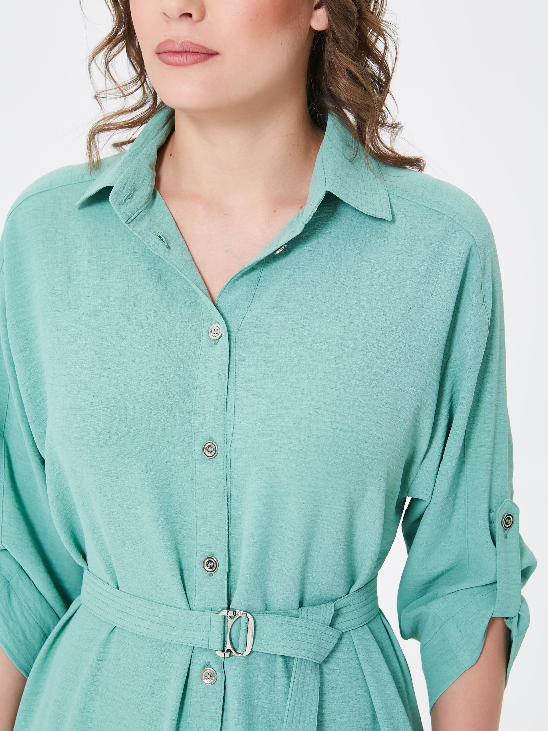 Платье А-образного силуэта пастельного зелёного цвета с поясом Priz(фото3)