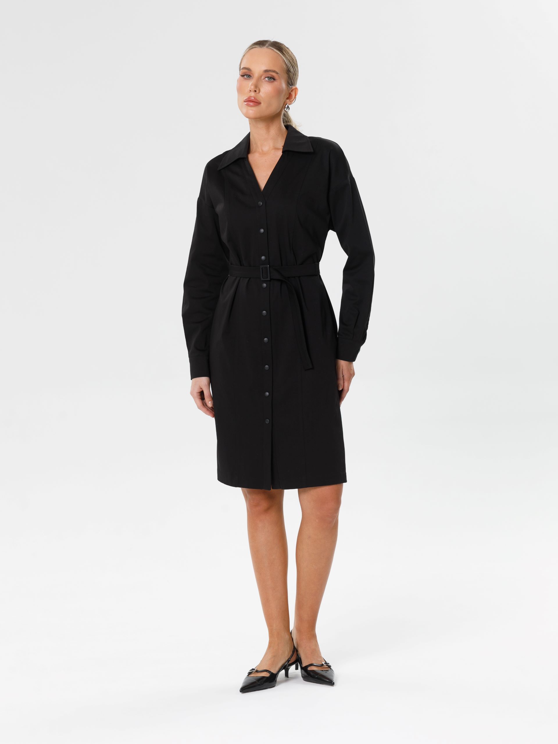 Платье-рубашка чёрное с поясом Priz(фото7)