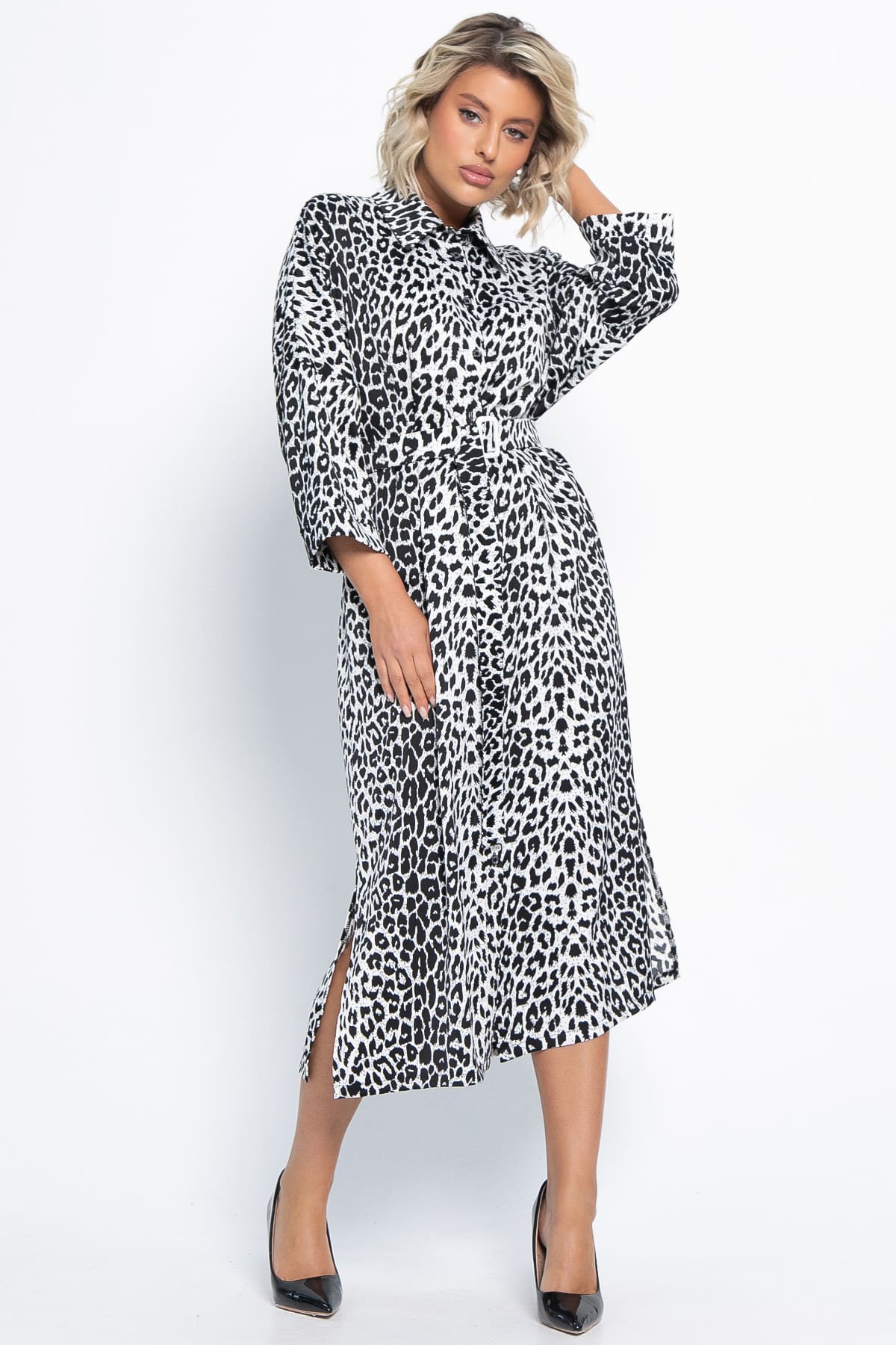 Платье-рубашка белое с леопардовым принтом LT collection