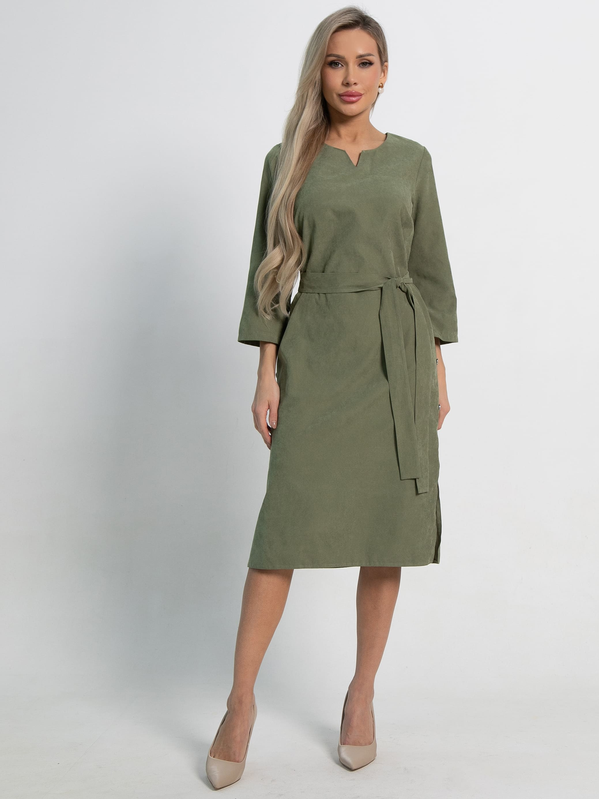Платье миди в оливковом цвете с поясом LT collection(фото7)