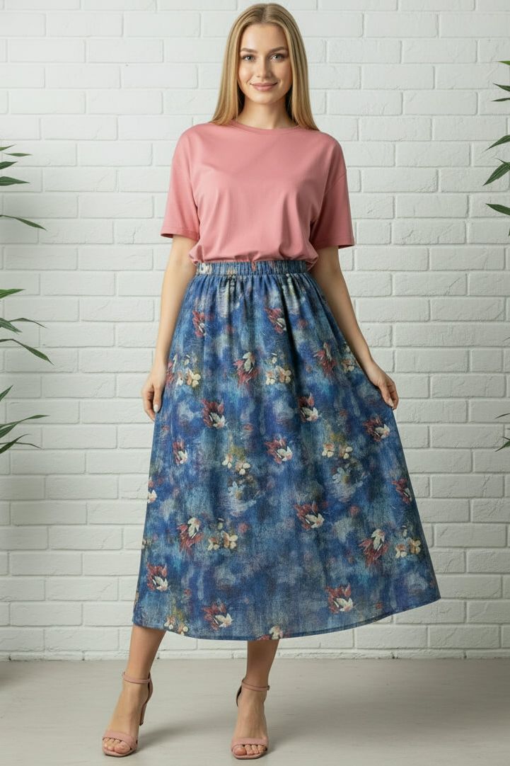 Юбка А-силуэта синяя с флористическим принтом LT collection