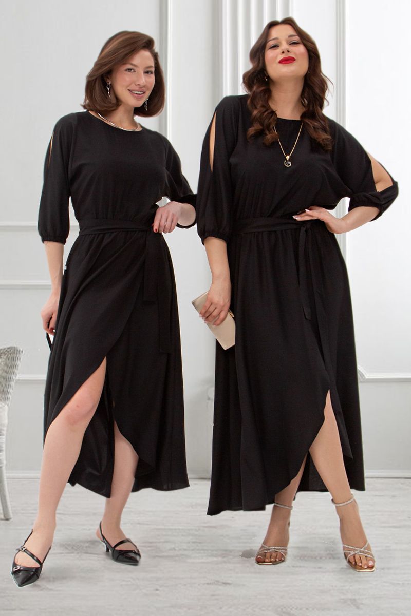 Платье праздничное макси чёрное с акцентными рукавами LT collection