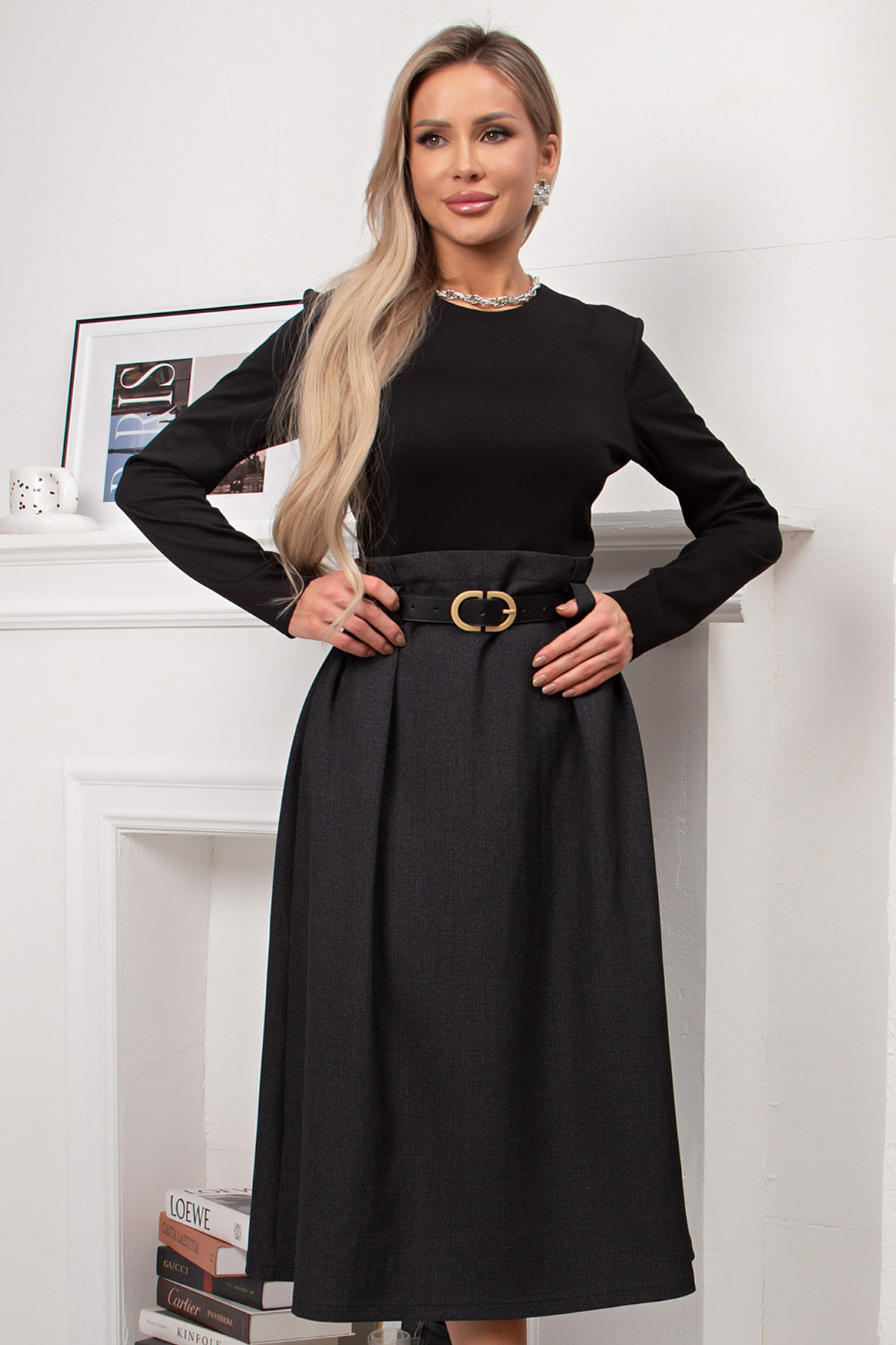 Платье чёрное комбинированное с поясом Карен №1 Valentina(фото2)