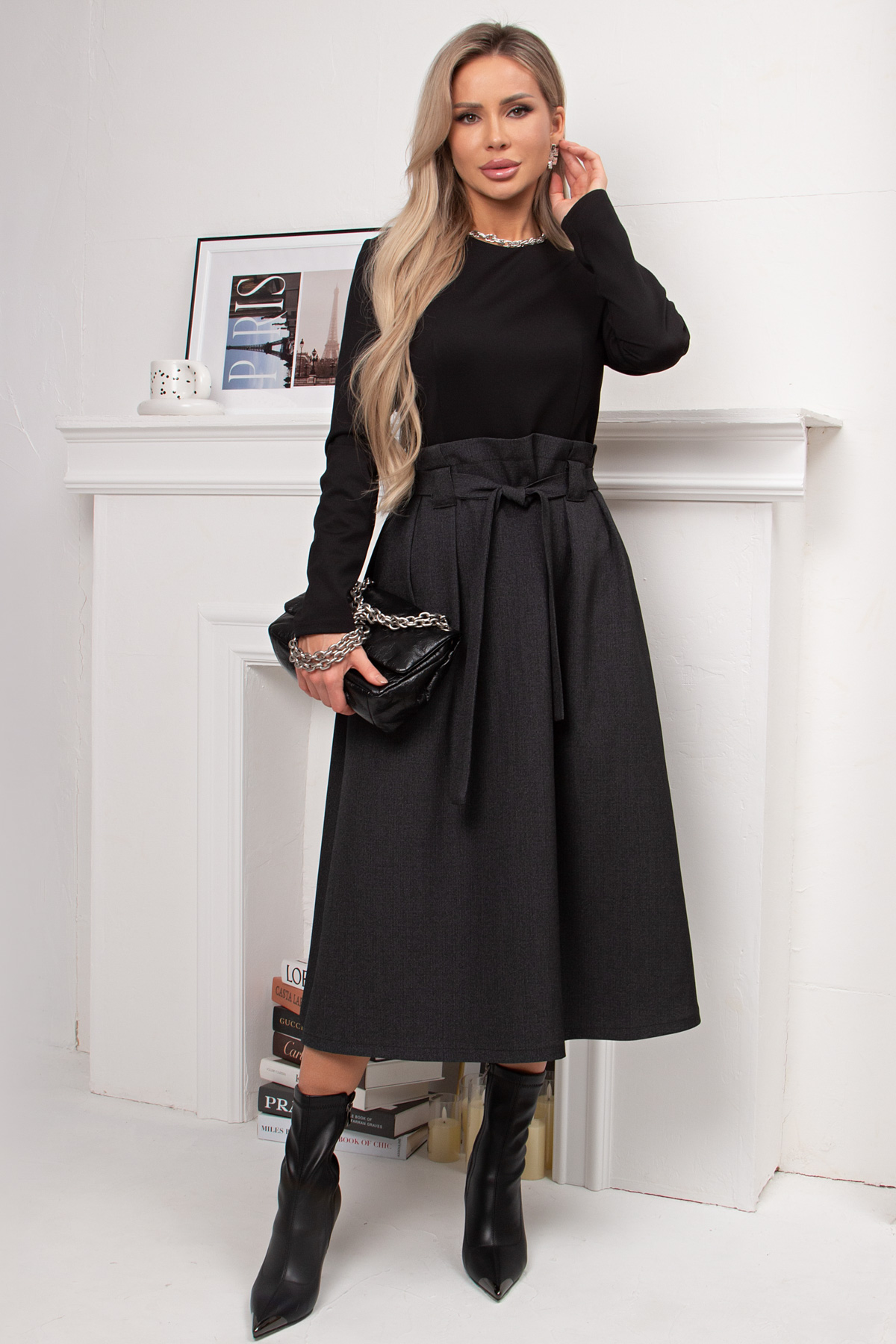 Платье чёрное комбинированное с поясом Карен №1 Valentina