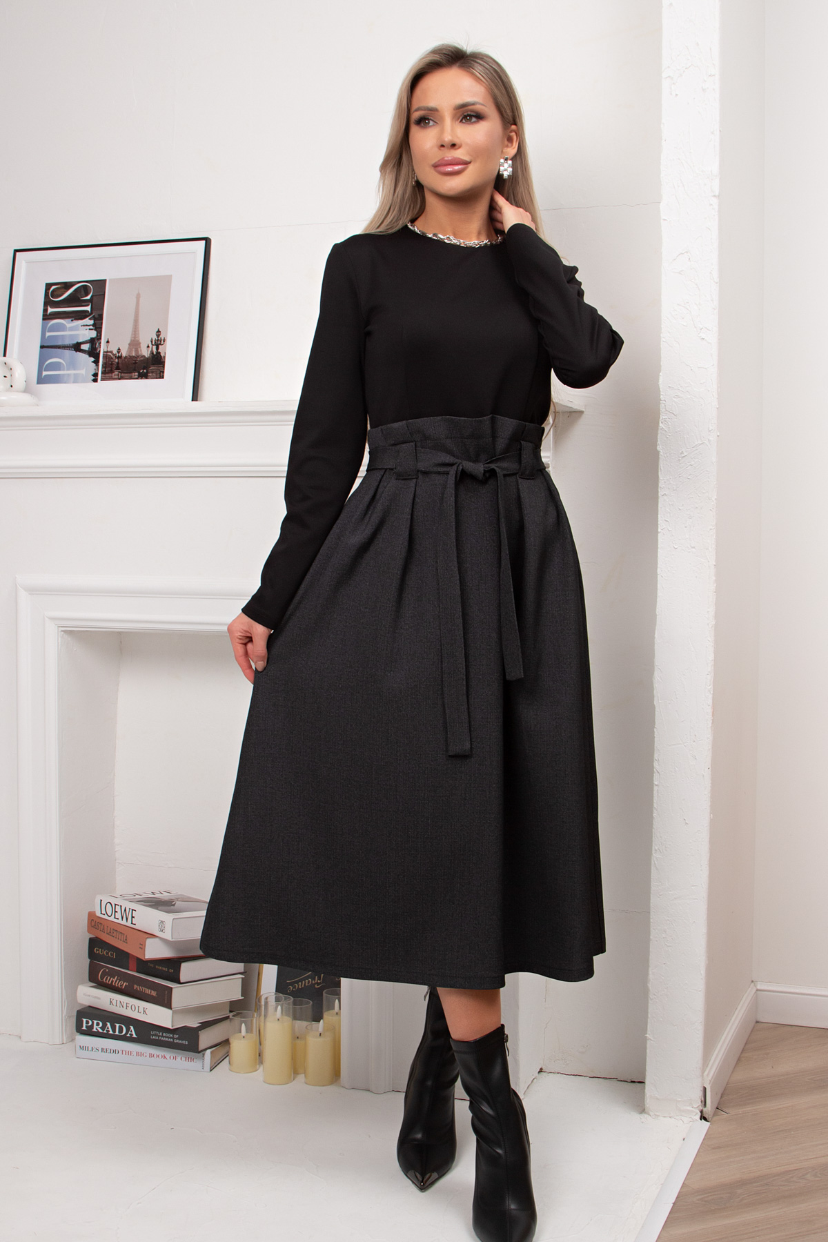 Платье чёрное комбинированное с поясом Карен №1 Valentina(фото3)