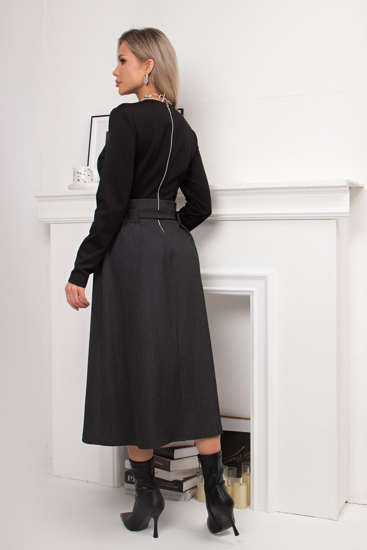 Платье чёрное комбинированное с поясом Карен №1 Valentina(фото6)