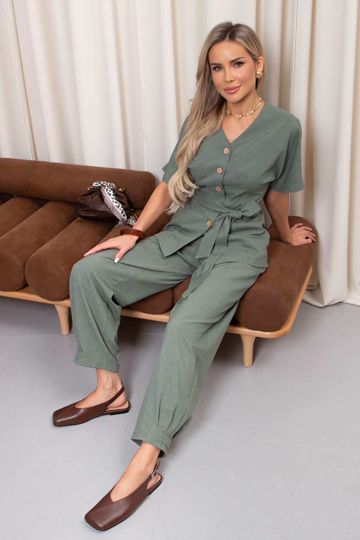 Брюки из льна оливкового цвета Дженис №2 Valentina(фото2)