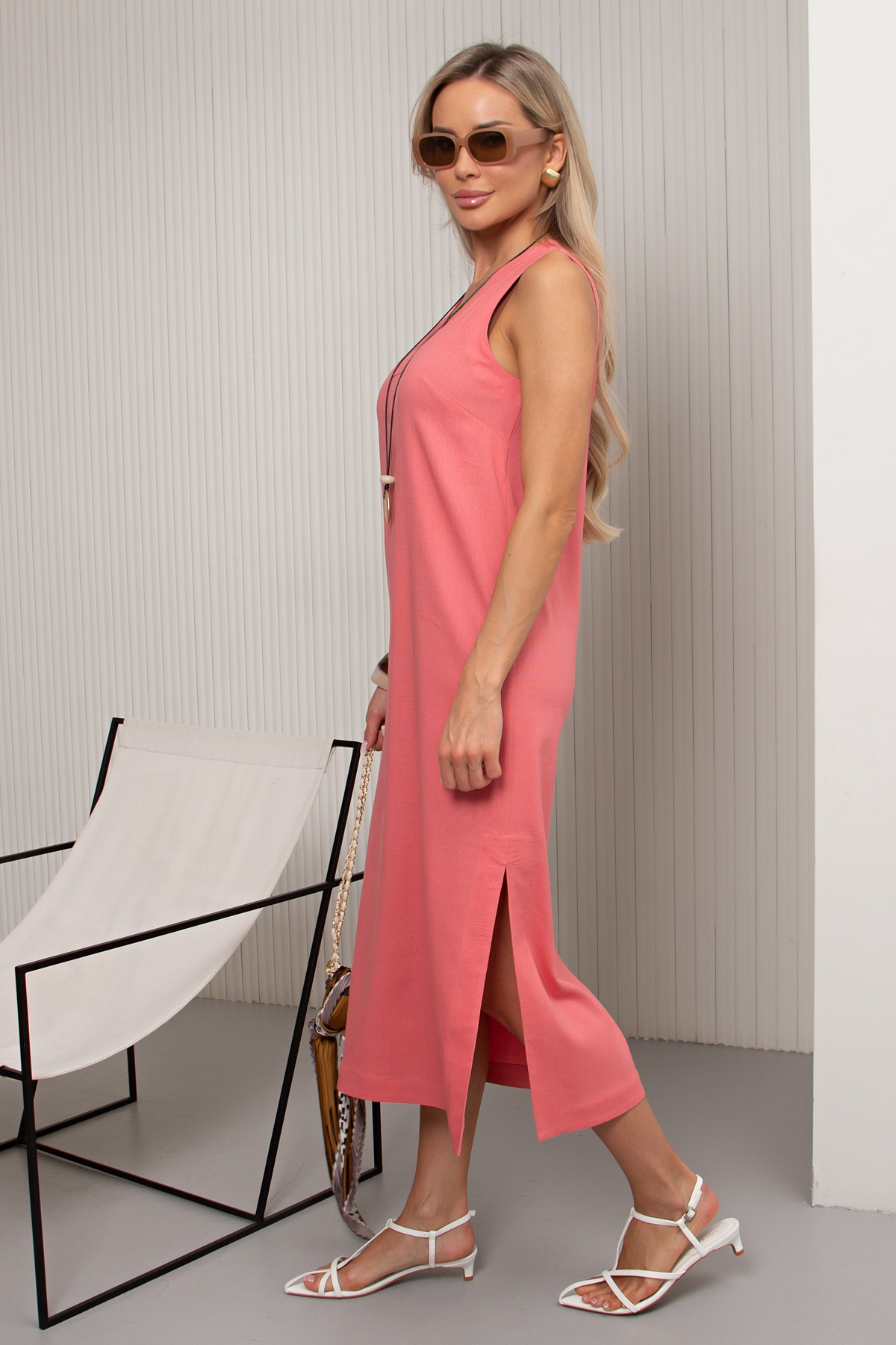 Платье льняное кораллового цвета Мерсана №2 Valentina(фото5)