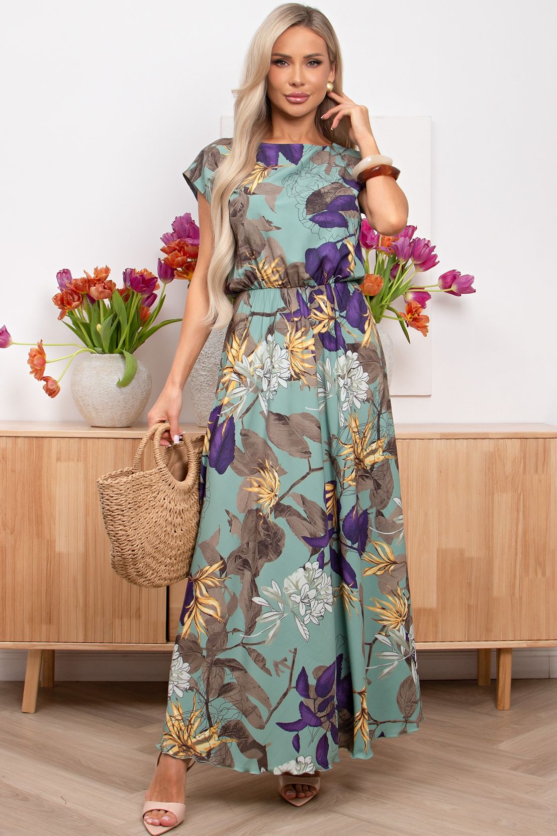 Платье длинное зелёное с принтом Дарья №136 Valentina