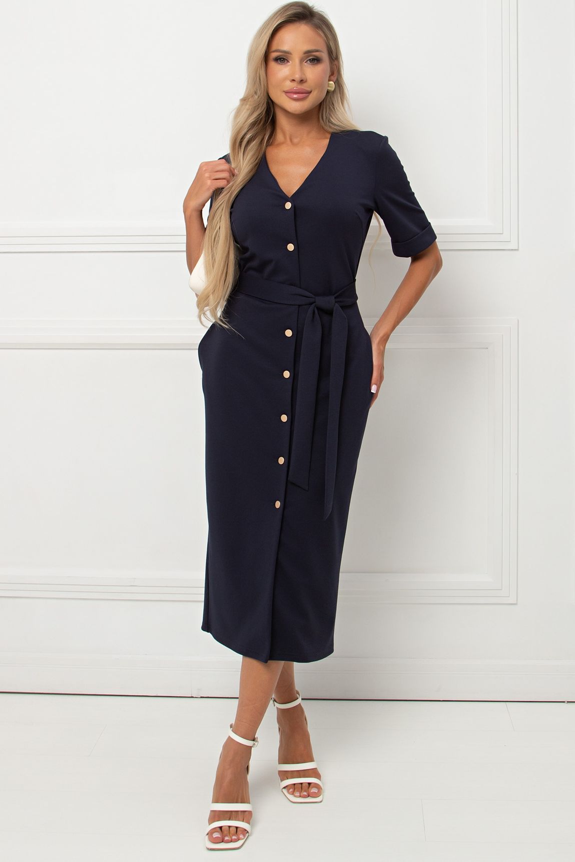 Платье тёмно-синее из трикотажа с поясом Анаит №1 Valentina