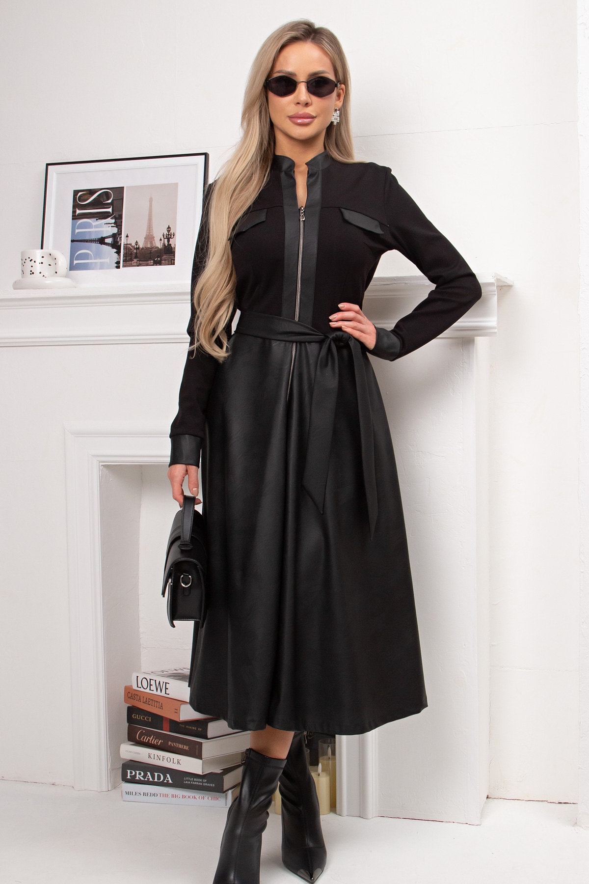 Платье чёрное комбинированное с поясом Джери №1 Valentina(фото2)