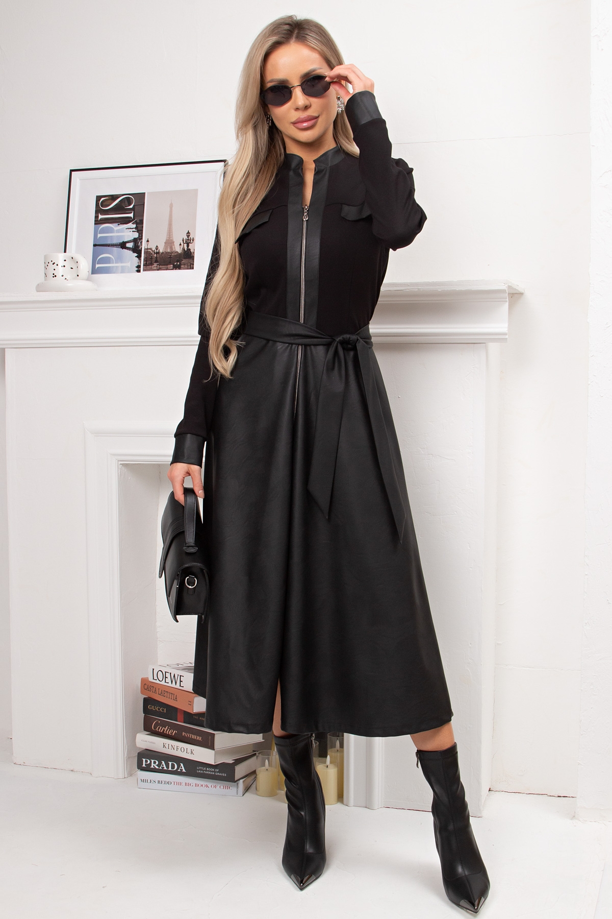 Платье чёрное комбинированное с поясом Джери №1 Valentina(фото4)