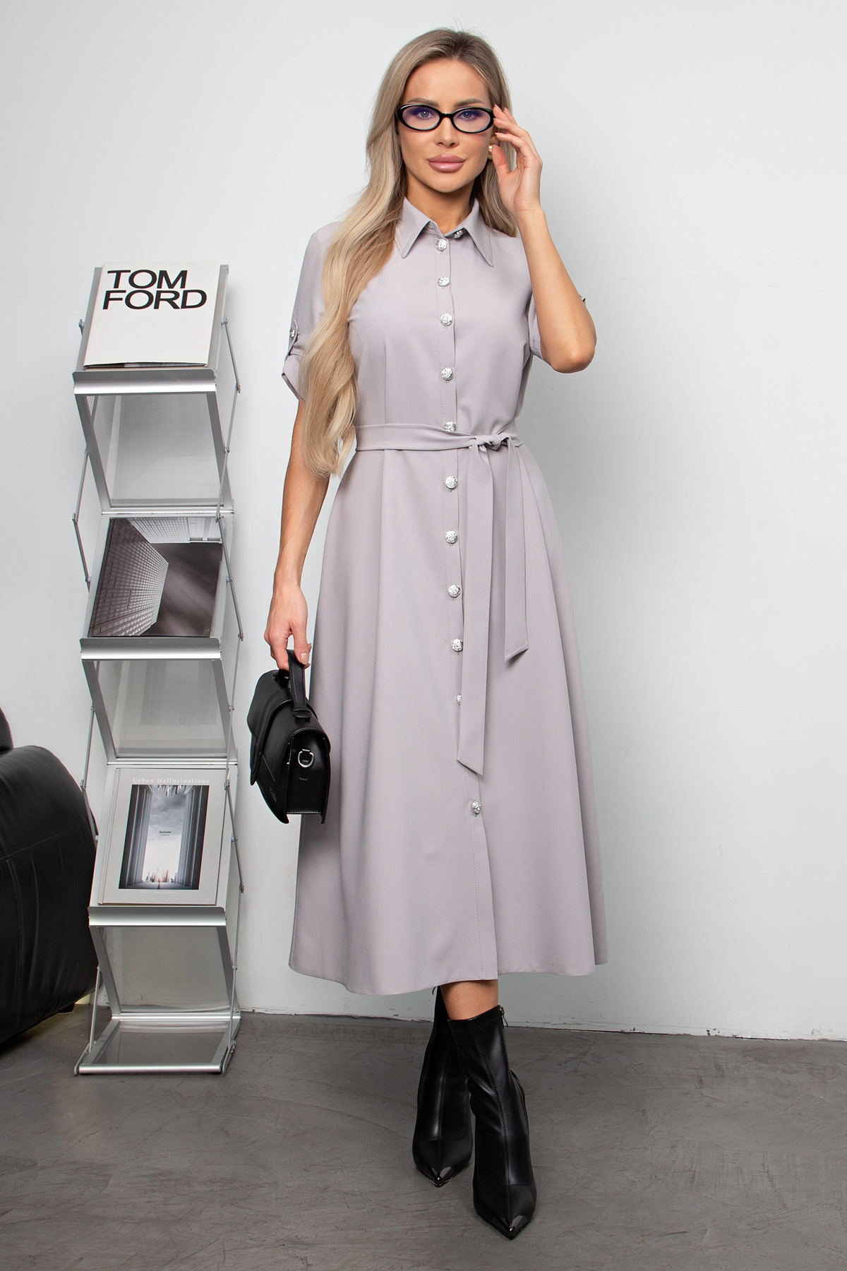 Платье длинное серое с поясом Кармелита №2 Valentina(фото2)